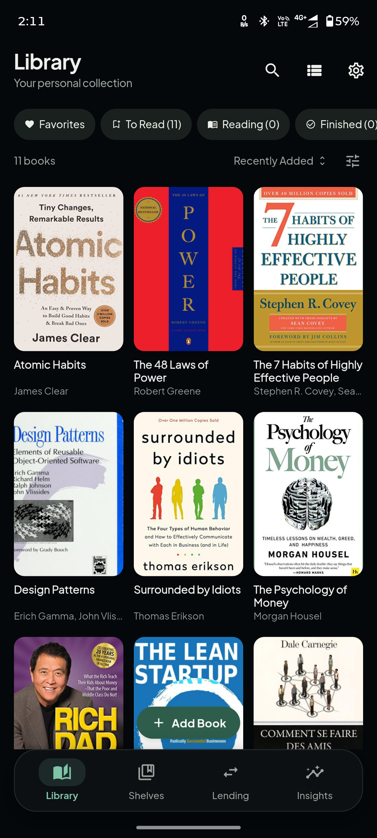 Book Library app showing a personal collection of books in a grid